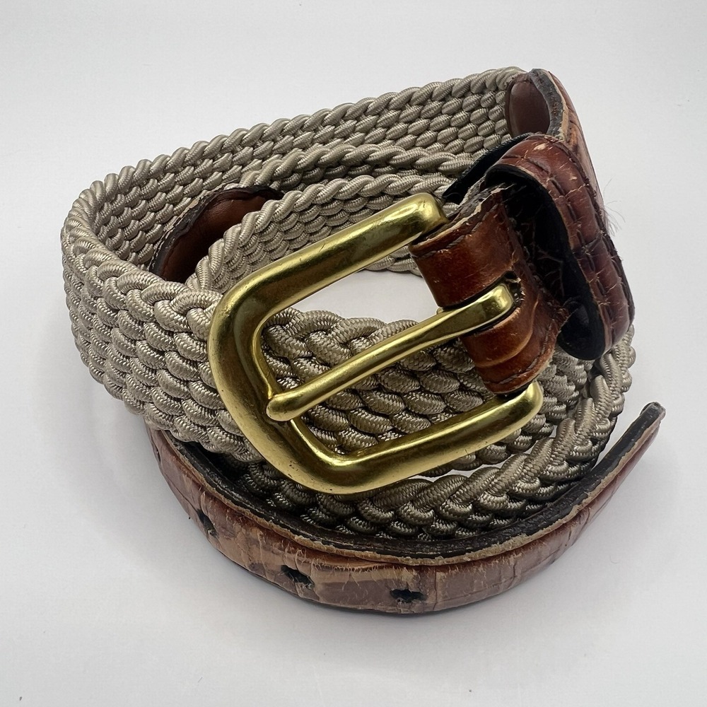 VTG Brighton Woven Textile Belt Men 35-37 Beige Brass Buckle Distressed Leather